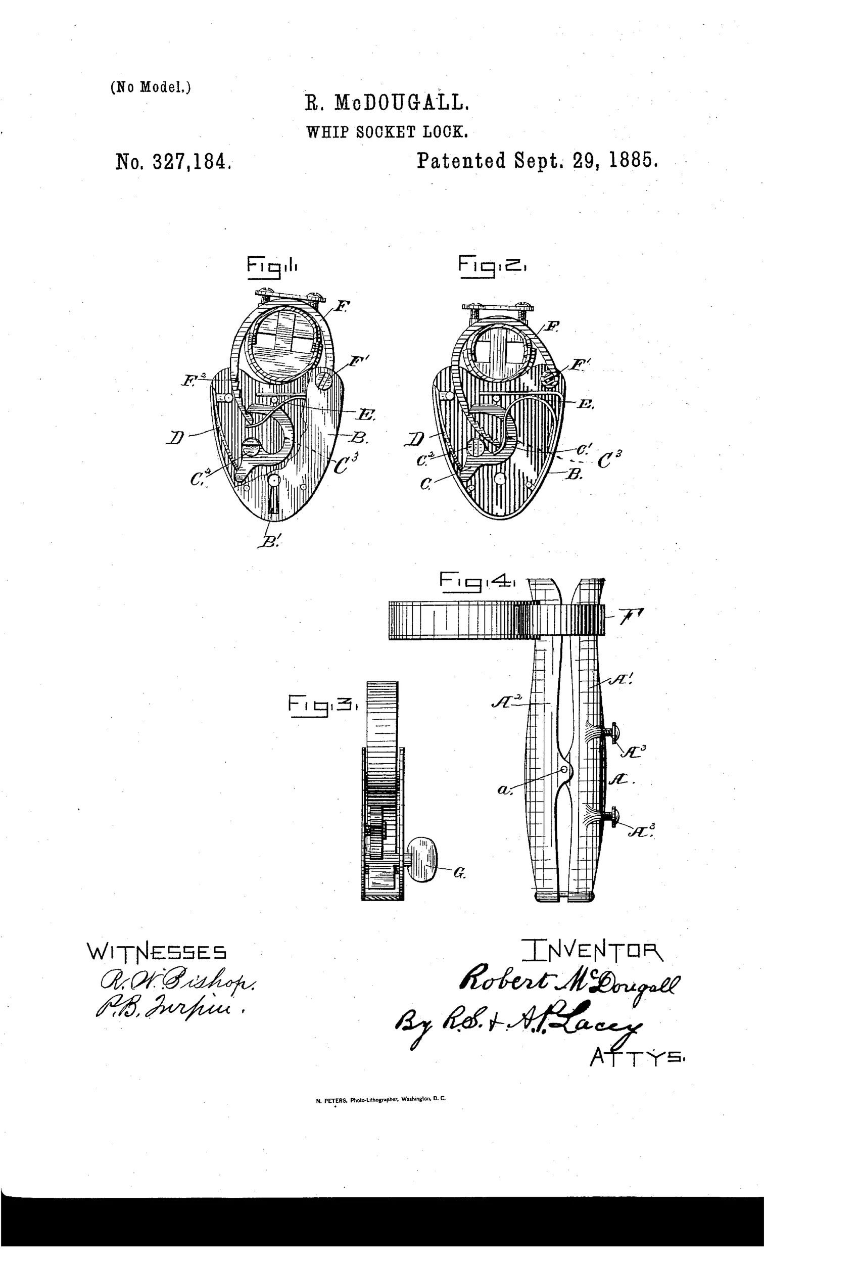 Patent drawing showing four figures: two plan views of an oval whip-socket lock casing with internal bolt, springs, and a toothed shackle labeled with letters B through F, an edge view showing the lock's layered construction, and a side view of the split semi-cylindrical whip socket with a key inserted at the top.