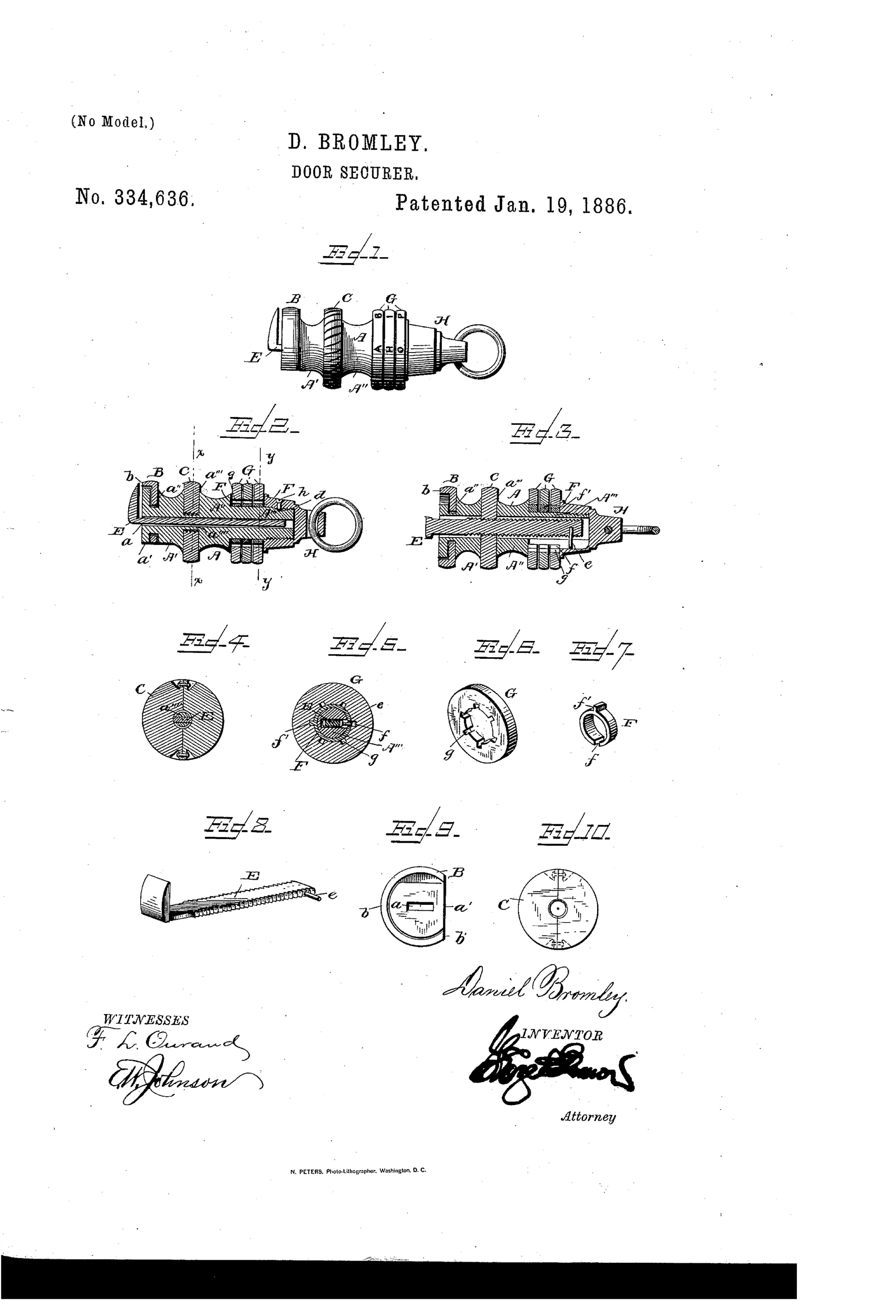 Patent drawing of a cylindrical portable door-securer showing a threaded hasp, combination disks with letter markings, and a ring for attaching to a key chain, with ten labeled cross-sectional and detail figures.