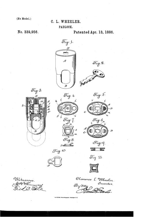 Patent drawing of a cylindrical padlock with a U-shaped shackle, a flat notched key, and an internal cross-section showing stacked rotating tumbler plates and a locking collar.