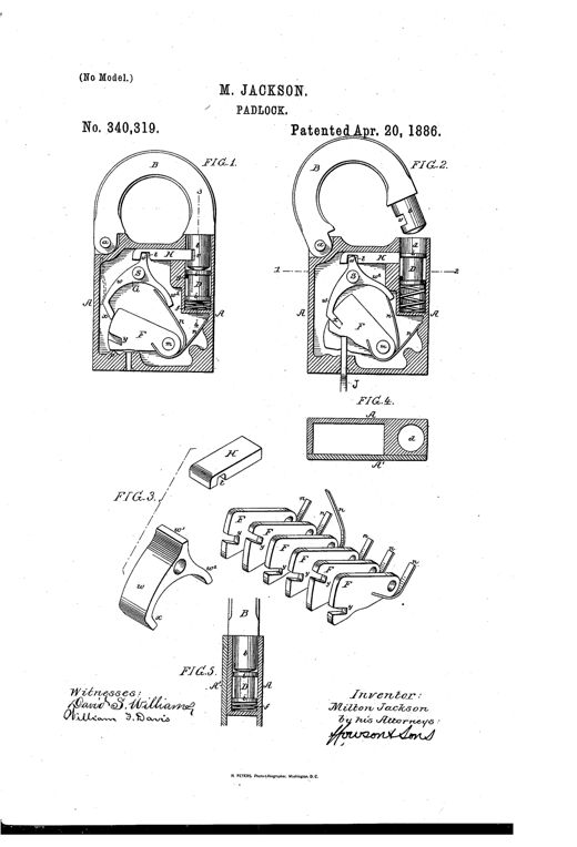 Patent drawing of a padlock showing a curved metal shackle, internal notched tumblers, a pivoted dog, and a sliding bolt mechanism in cross-section, with separate detail views of the tumbler stack and key.
