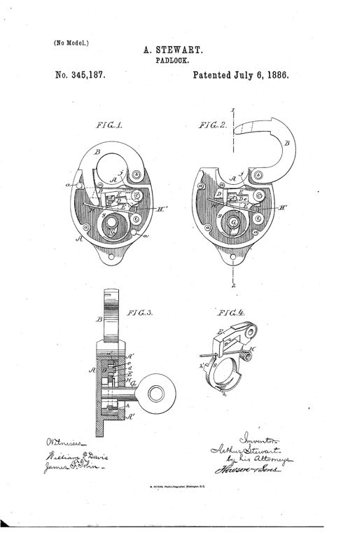 Patent drawing of a padlock showing four figures: two face views of the lock body with shackle open and closed revealing internal bolt and tumbler mechanism, a cross-section with the key inserted, and a detached perspective of the tumbler piece.