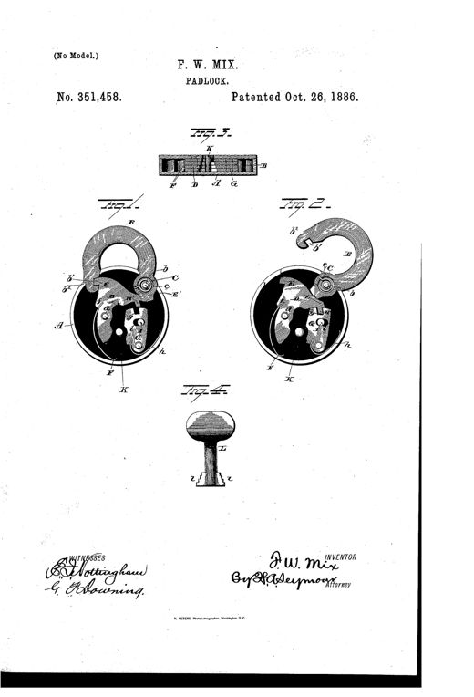 Patent drawing showing a round padlock with a curved hasp in both locked and unlocked positions, an internal spring-actuated bolt and tumbler mechanism visible through a cutaway casing, a cross-sectional view of the lock body, and a separate illustration of the notched key with a round head and stepped tip.