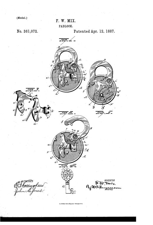 Patent drawing of a round padlock with an arched hasp, showing internal locking-tumblers and guard-tumblers arranged around a central pivot stud, plus a detail of two tumblers and the notched key used to operate it.