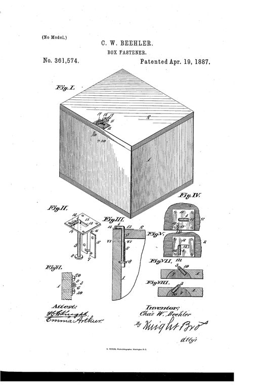 An isometric line drawing of a wooden shipping box with a small rotary rod fastener mounted on its top edge, accompanied by six smaller detail drawings showing the fastener's bracket, rod, plate, and seal mechanism.