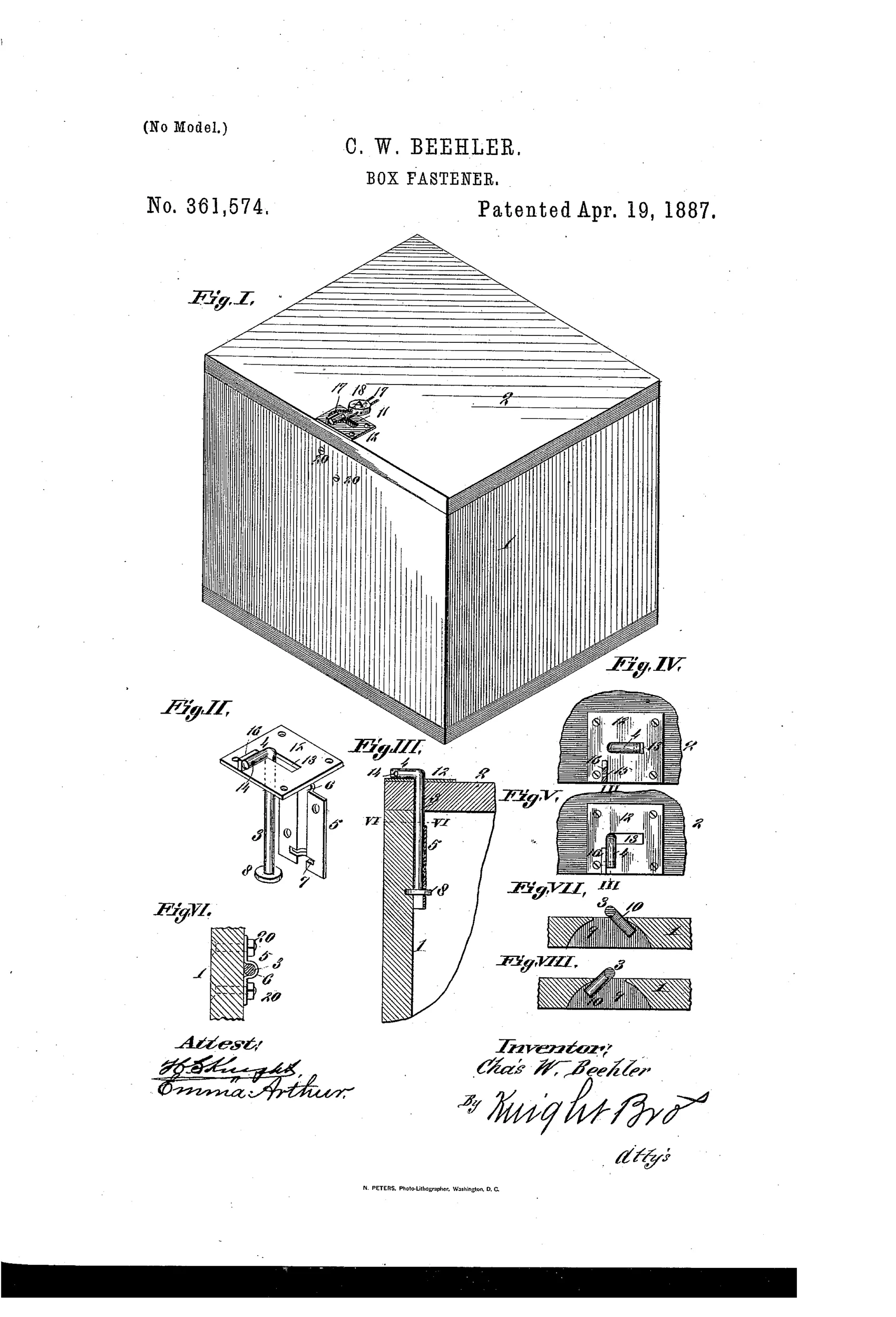 An isometric line drawing of a wooden shipping box with a small rotary rod fastener mounted on its top edge, accompanied by six smaller detail drawings showing the fastener's bracket, rod, plate, and seal mechanism.