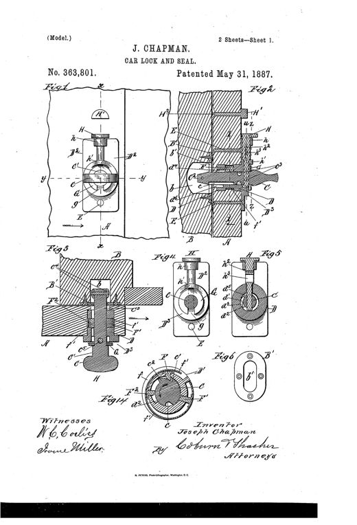 Patent drawing sheets showing a cylindrical car door lock with a grooved and cam-projected bolt, a socket with spring dogs mounted on an escutcheon plate, a locking-pin with lugs, and a frangible cast-iron seal fitted over the bolt, illustrated in multiple cross-sectional and elevation views labeled Fig. 1 through Fig. 14.