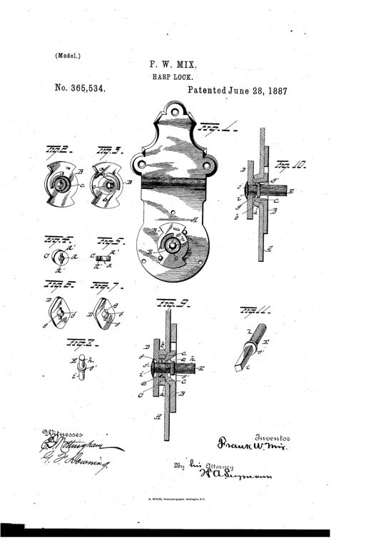 Patent drawing of a hasp-lock plate with an internal rotating lock-bolt, key-post, and button, alongside smaller detail views labeled Fig. 2 through Fig. 11 showing the stamped sheet-metal parts including the collet, button, and key-post assembly.