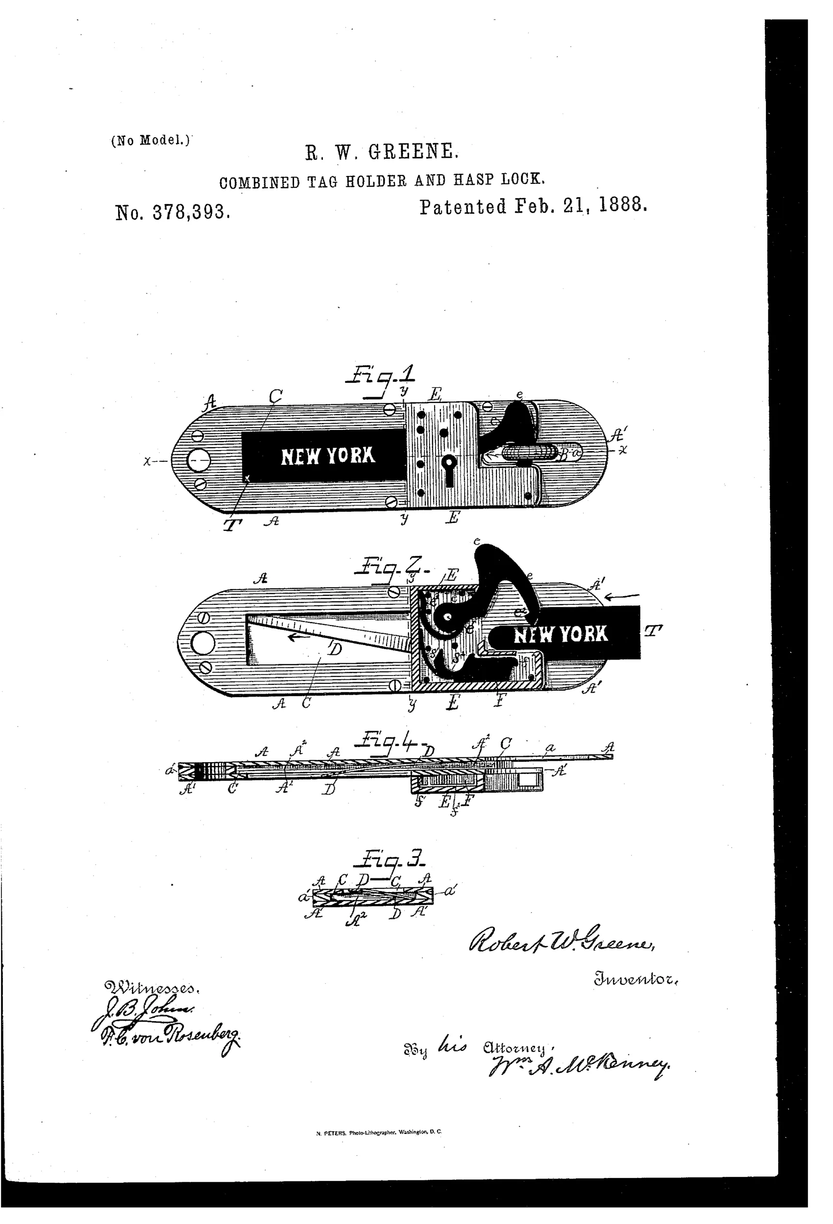 Patent drawing showing an elongated metal hasp plate with a recessed slot displaying the words NEW YORK as an address tag, alongside a separate lock case with an internal pivoted hook and bolt mechanism shown in cutaway view.