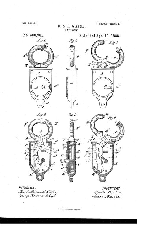 Patent drawing sheets showing a padlock with a round hinged shackle, internal bolt and lever tumbler mechanism, and a key inserted into the case, with multiple cross-sectional and detail views labeled with reference letters.