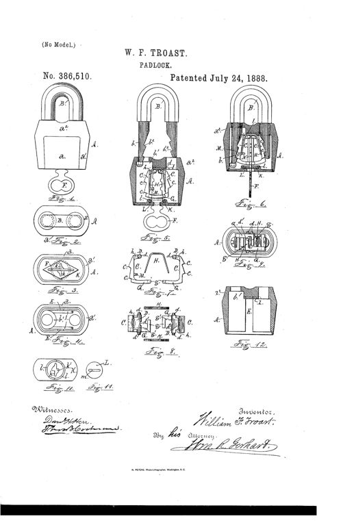 Patent drawing sheet showing twelve figures of a U-shaped shackle padlock, including exterior views, cross-sections revealing internal tumbler plates C and springs H, the key F, and a rotating guard plate L covering the keyhole.