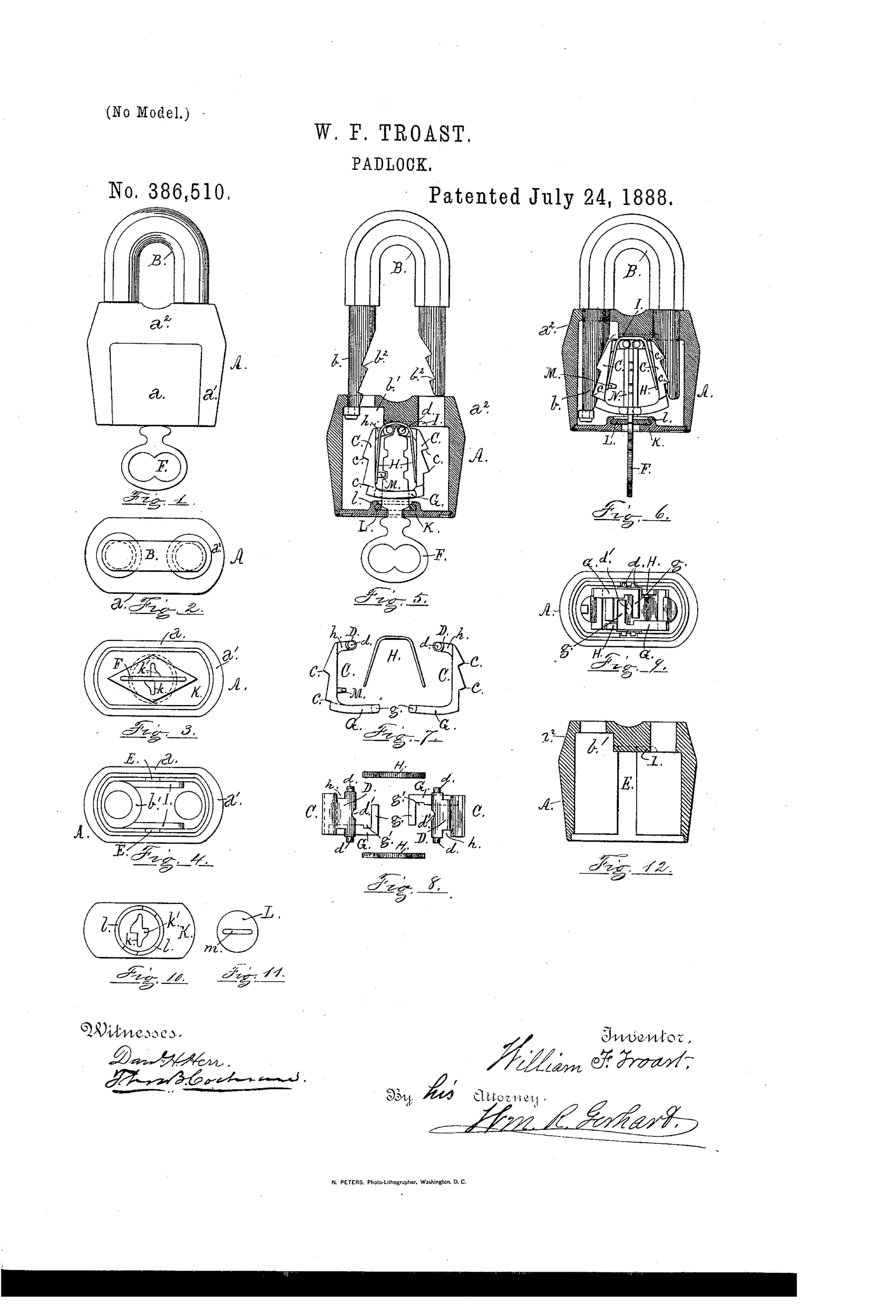 Patent drawing sheet showing twelve figures of a U-shaped shackle padlock, including exterior views, cross-sections revealing internal tumbler plates C and springs H, the key F, and a rotating guard plate L covering the keyhole.
