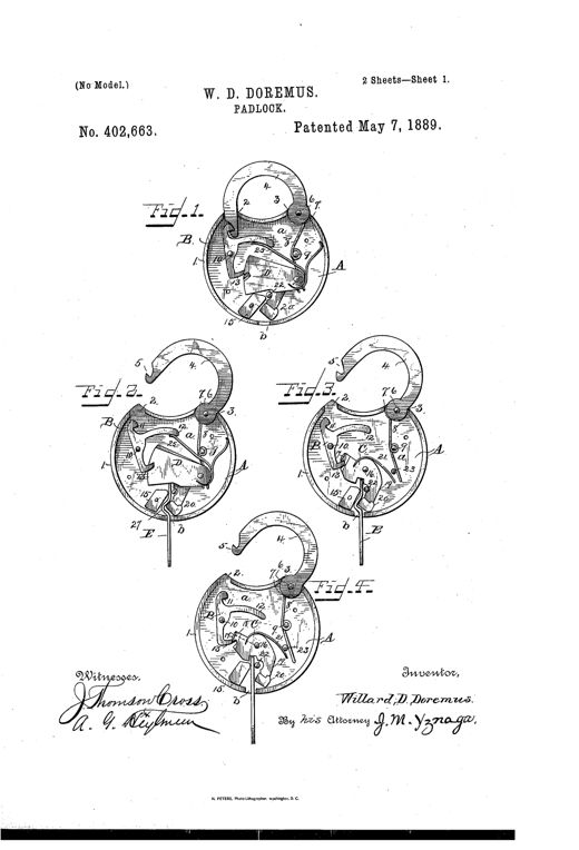 Patent drawing of a round padlock with its face plate removed, showing an internal pivoted shackle, a hooked dog engaging tumbler notches, a detent-piece with an angled arm crossing the keyhole, and a stepped key with a notched shank labeled with numbered reference parts.