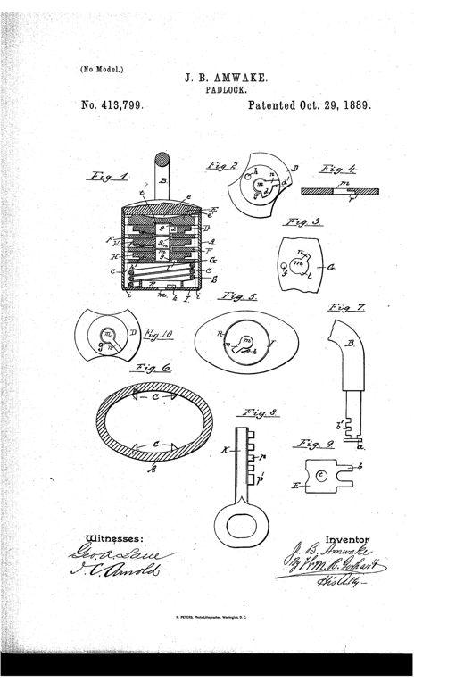 Patent drawing of a cylindrical padlock showing a cross-section with a U-shaped shackle, stacked internal tumbler plates labeled with letters, and several smaller diagrams of the individual tumblers, plates, and a bit key.