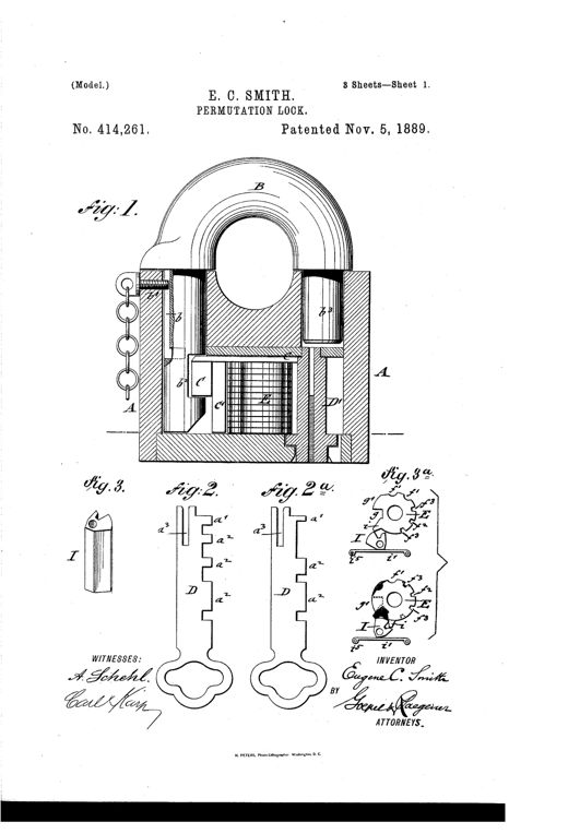 Patent drawing of a padlock in cross-section showing a rounded shackle, internal tumblers, a sliding bolt, and a key-cylinder, accompanied by smaller figures of keys and internal gear-like tumbler mechanisms.