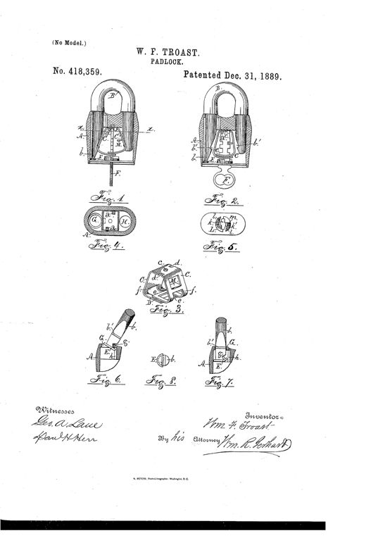 Patent drawing of a U-shaped shackle padlock showing internal spring-steel tumblers, a key inserted from below, and cross-sectional views labeled Fig. 1 through Fig. 8 with lettered parts such as A (case), B (shackle), C (tumblers), and F (key).