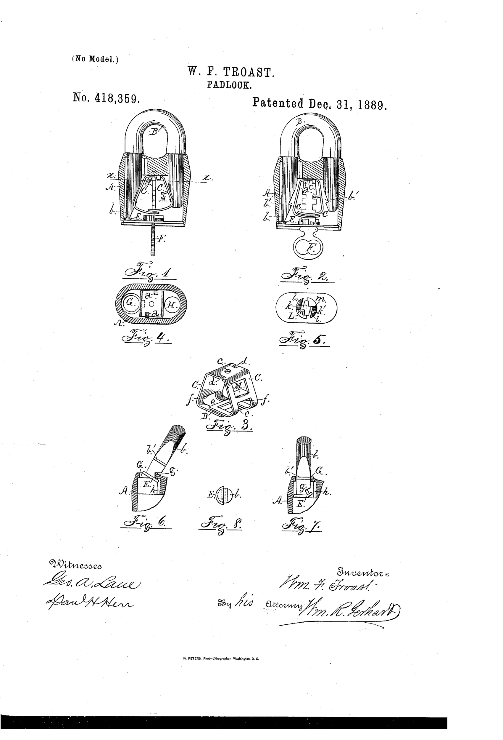 Patent drawing of a U-shaped shackle padlock showing internal spring-steel tumblers, a key inserted from below, and cross-sectional views labeled Fig. 1 through Fig. 8 with lettered parts such as A (case), B (shackle), C (tumblers), and F (key).