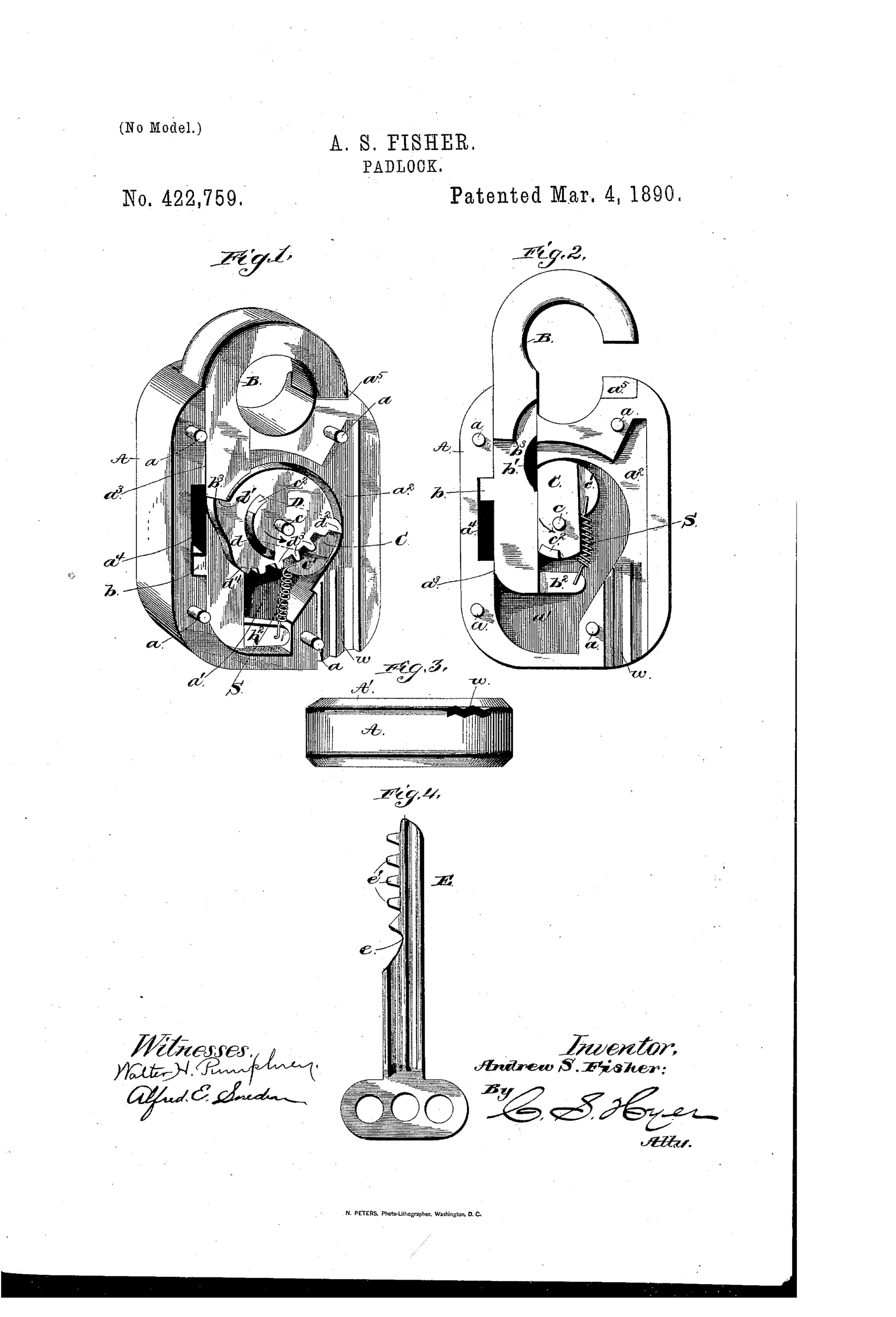 Patent drawing of a padlock showing the shackle, an internal eccentric dog and toothed tumbler mechanism, and a separate corrugated key with matching teeth.
