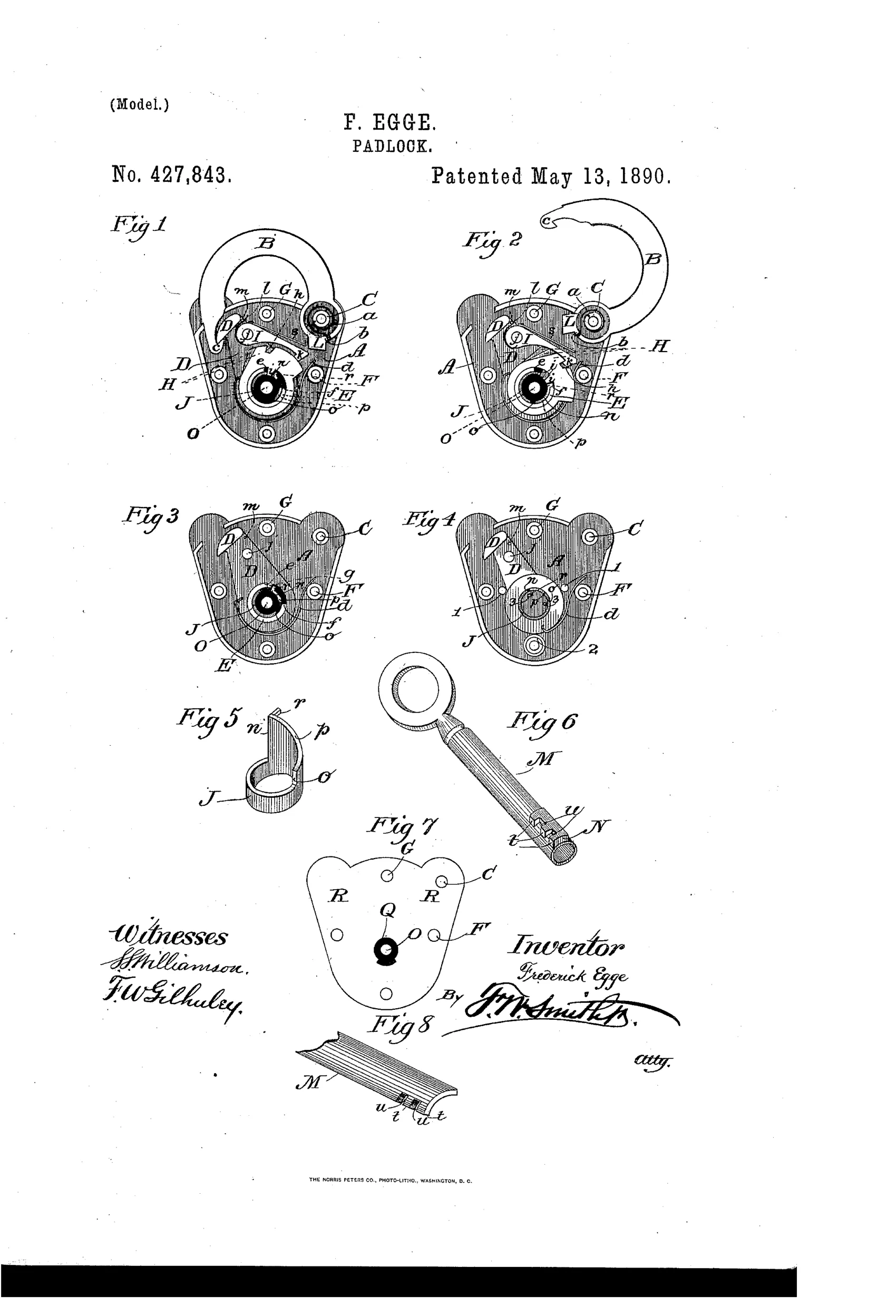 Patent drawing sheet showing eight figures of a padlock: several face-on cutaway views of the lock body with numbered internal parts labeled with letters, a small ring-shaped tumbler guard, a tubular barrel key with a round handle, and a flat key variant, along with inventor's signature and witness signatures at bottom.