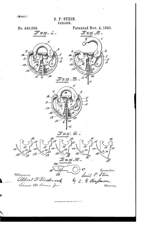 Patent drawing of a padlock showing its curved shackle, internal pivoted tumblers with lugs and springs, and a flat stepped key used to release the mechanism.