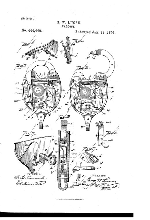 Patent drawing of a railway switch padlock showing the internal mechanism with shackle, tumblers, spring-loaded bolt, lever, and bell alarm, along with detail views of the key, tumbler-locking device, and case components labeled with reference letters.