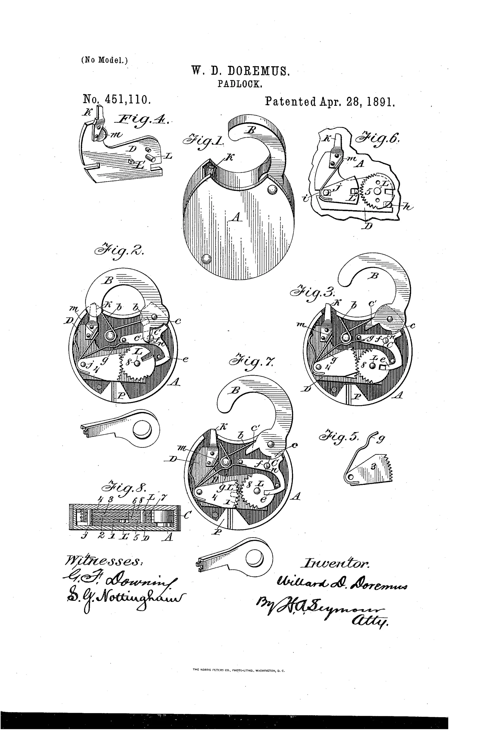 Patent drawing sheet showing a round padlock with a curved hasp (B) and casing (A), plus eight numbered figures illustrating the internal sliding plate, pivoted tumbler sections, locking bolt, gears, and a flat key, with inventor's signature and witness signatures at bottom.