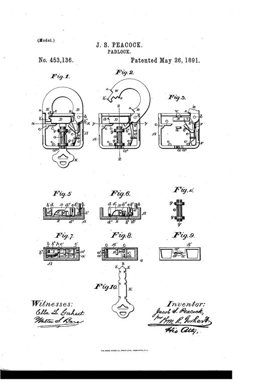 Patent drawing of a padlock showing a U-shaped shackle, internal transverse bolt, springs, revoluble key-guide, and a barrel key with notched wards.