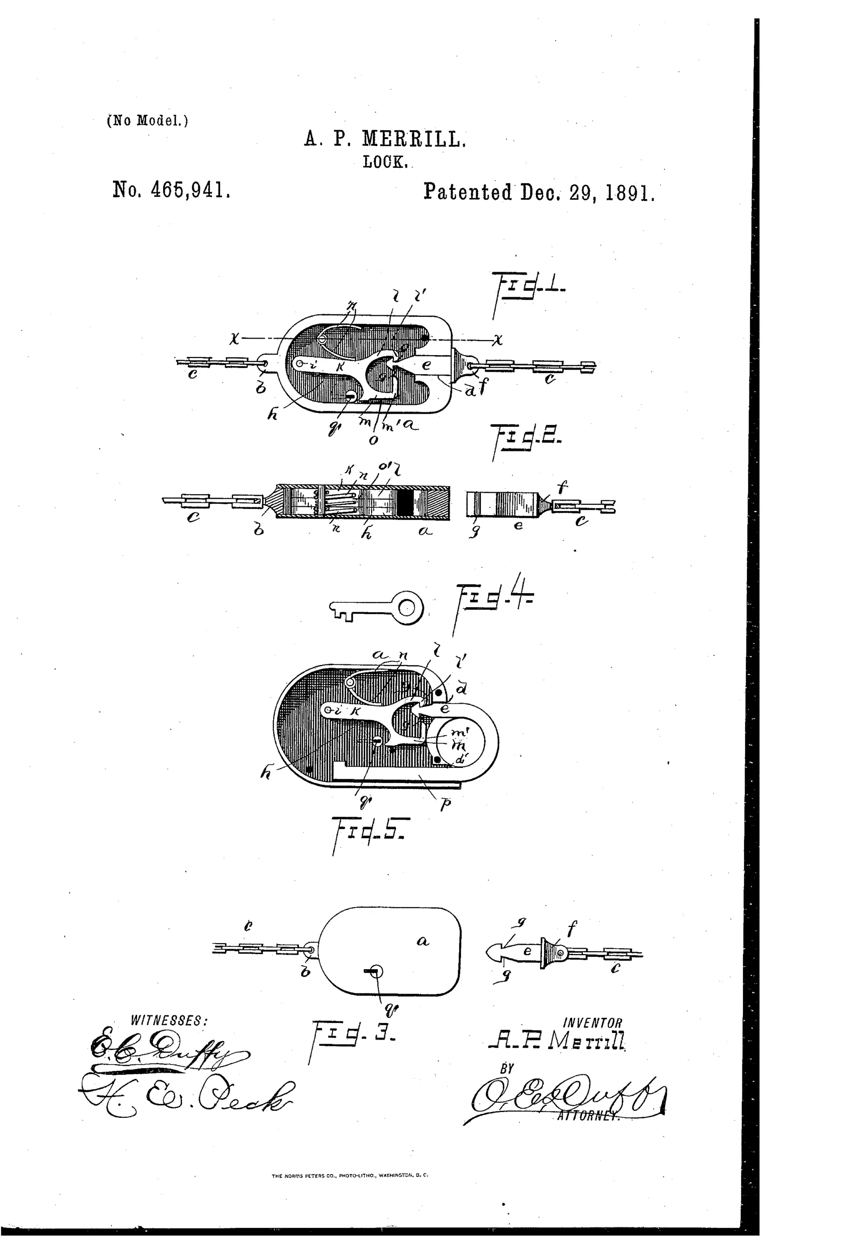 Patent drawing showing an oval metal lock case with a swinging multi-section locking dog engaging a two-shouldered bolt attached to chains, plus a small key and a padlock variant with a hook-shaped hasp.