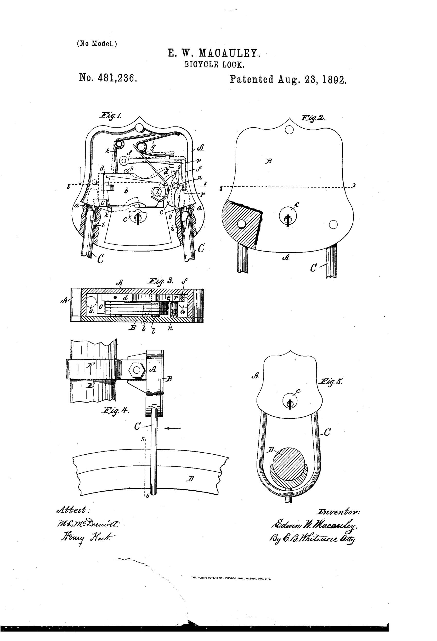 Patent drawing of a shield-shaped bicycle lock showing internal tumblers and bolts, a U-shaped hasp passing through the lock body, and a mounting clamp attaching the lock to a bicycle's steering head with the hasp threaded between wheel spokes.