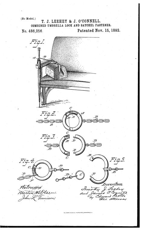Patent drawing showing an umbrella secured by a chain-and-ring lock to the arm of a train car-seat, with a satchel also attached, alongside detailed close-up views of the split ring-lock mechanism in open and closed positions.