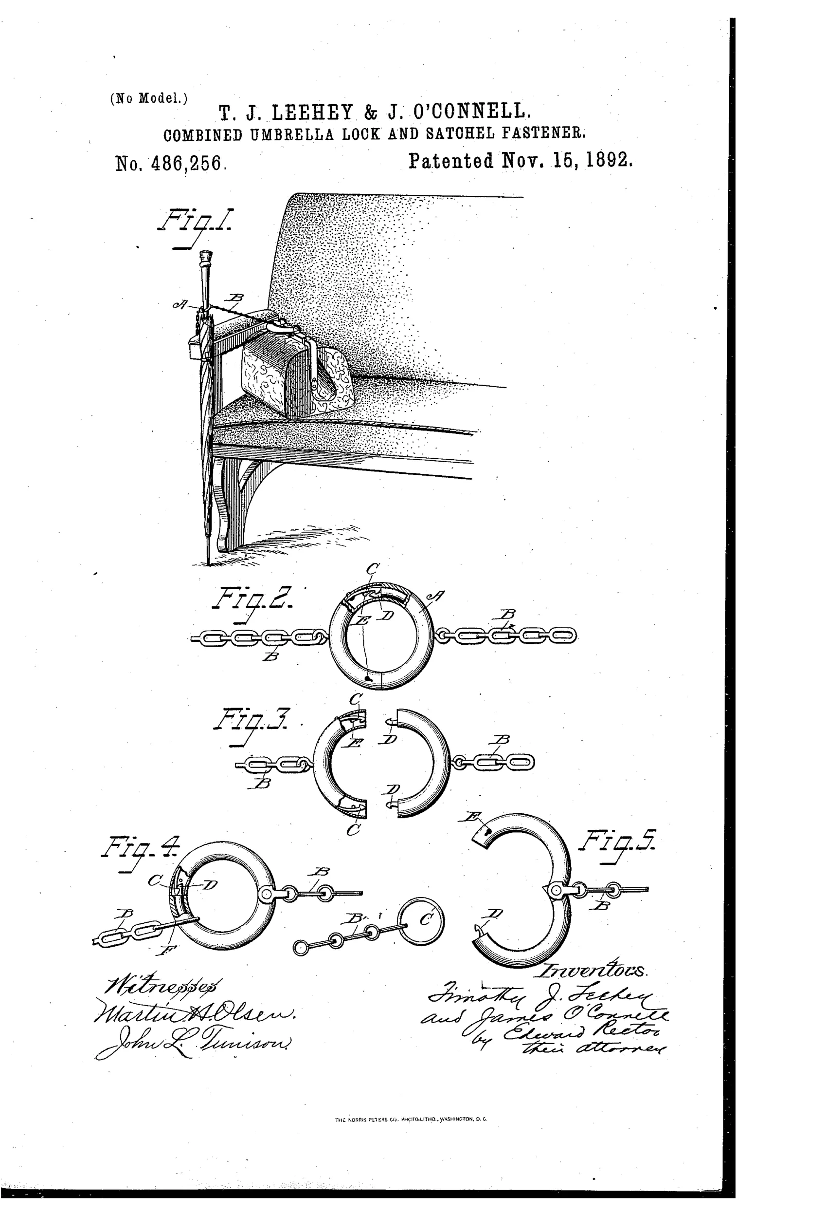 Patent drawing showing an umbrella secured by a chain-and-ring lock to the arm of a train car-seat, with a satchel also attached, alongside detailed close-up views of the split ring-lock mechanism in open and closed positions.