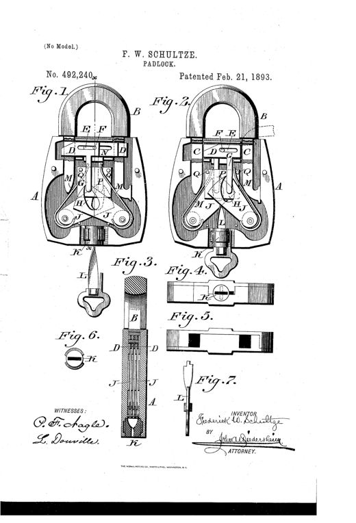 Patent drawing of a padlock showing a U-shaped shackle inserted into a casing containing pivoted tumblers, sliding dogs, springs, and a twisted key mechanism, with seven labeled figures illustrating the internal parts and key.
