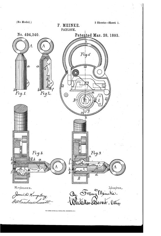 Patent drawing of a round padlock with a curved shackle, shown in open and closed sections revealing internal ward posts, a rotating boss, and a hollow tubular key with a pivoted bit designed to fit only matching corrugations, alongside detail views of the key and lock mechanism parts.