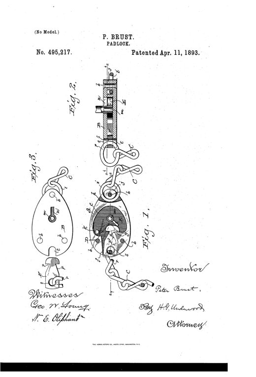 Patent drawing of a chain padlock showing an oval body with internal spring and pin mechanism, a detachable notched plug, a right-angle key, and chain links attached at both ends.