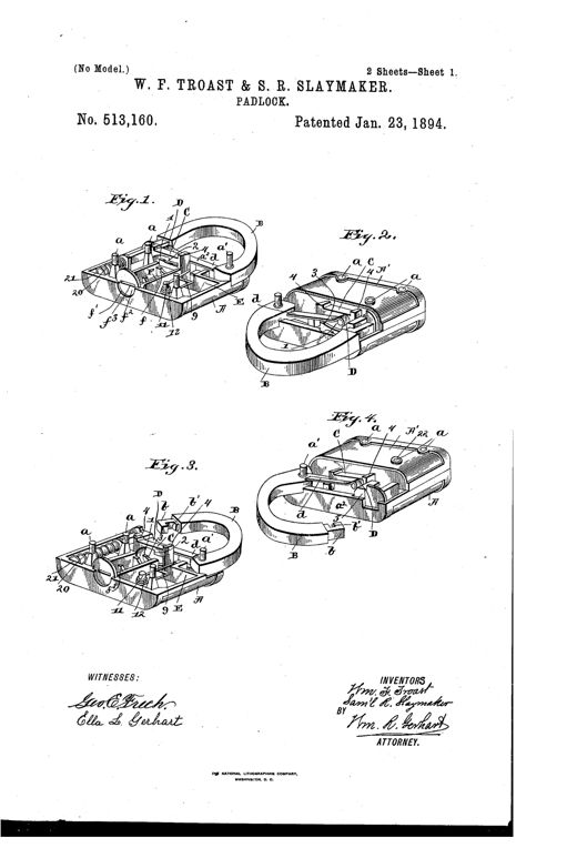 Patent drawing sheets showing a U-shaped shackle padlock in exploded and assembled perspective views, with internal bolt, spring, plunger, and key-guide components labeled with letters and numbers.