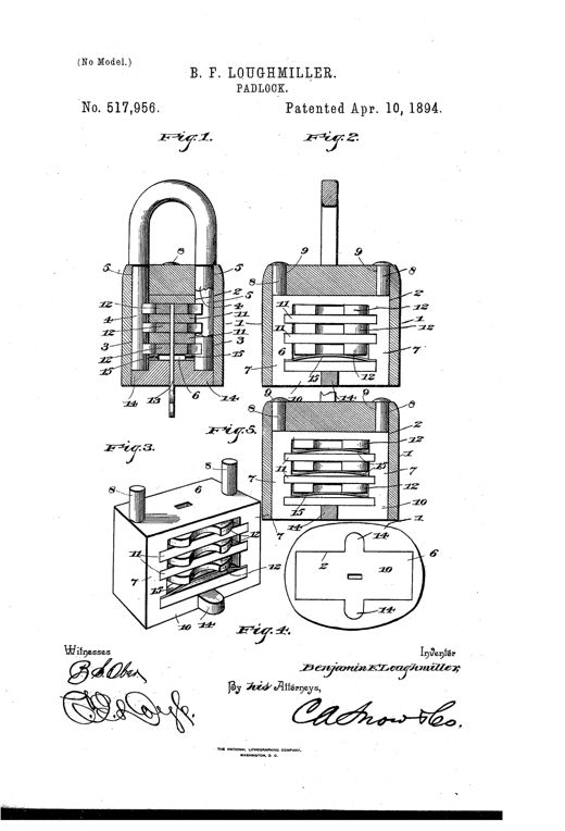 Patent drawing of an 1894 padlock showing five figures: a cutaway shackle-and-casing assembly with numbered internal tumblers and springs, a perspective view of the internal locking frame with stacked notched tumblers, and a bottom plan view of the lock casing with keyhole and slot details.