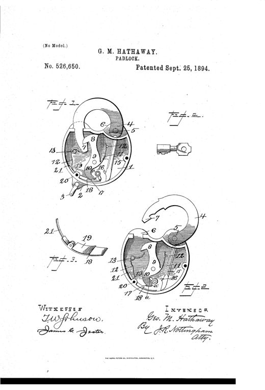 Patent drawing of a padlock with side plate removed showing internal shackle, spring-loaded tumblers, locking-dog, and key-locking bar, plus a separate key and locking-dog detail views.