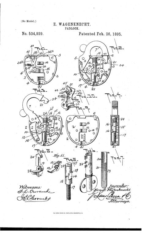 Technical patent drawing showing exploded and sectional views of a padlock's internal casing, shackle, tumblers, dogs, catches, and a threaded key, with numbered reference lines identifying each part.