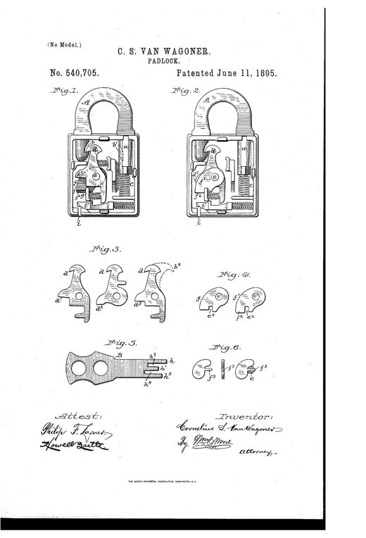 Cross-section drawings of a padlock showing an arched hasp, internal pivoted tumblers, coil springs, and a multi-notched push key beside detailed tumbler and plate components.