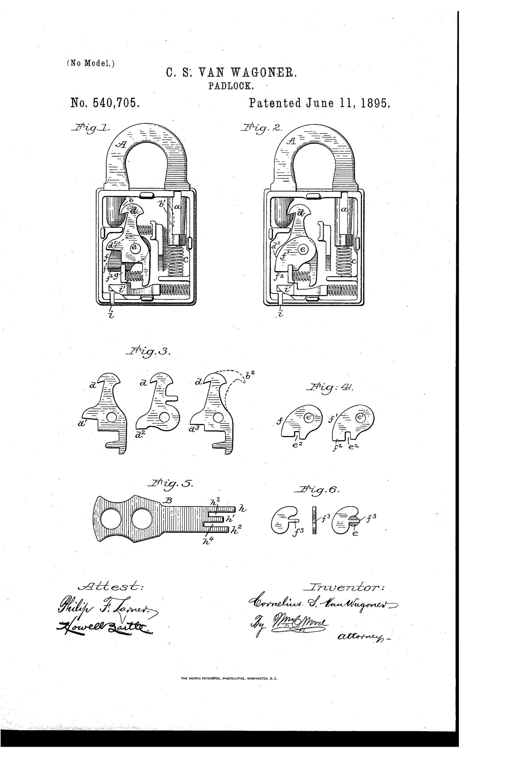 Cross-section drawings of a padlock showing an arched hasp, internal pivoted tumblers, coil springs, and a multi-notched push key beside detailed tumbler and plate components.
