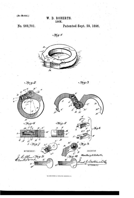 An exploded and assembled set of technical patent drawings showing a ring-shaped padlock formed of two hinged semicircular jaws with interlocking spear-shaped heads, a sliding spring bolt, a keyhole, and a warded key, labeled with reference letters A through S.