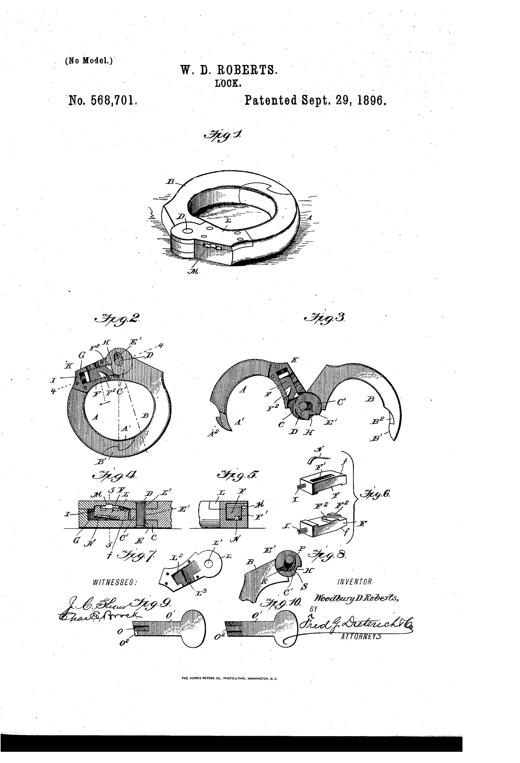 An exploded and assembled set of technical patent drawings showing a ring-shaped padlock formed of two hinged semicircular jaws with interlocking spear-shaped heads, a sliding spring bolt, a keyhole, and a warded key, labeled with reference letters A through S.