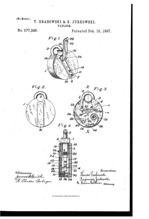 Patent drawing of a round padlock showing four figures: a perspective view with a hinged keyhole cover raised revealing internal pins and screws, a rear view with a pivoted back plate, a cross-sectional interior view with numbered mechanical parts including bolt, springs, and blocks, and an enlarged sectional diagram of the casing's internal layered components.