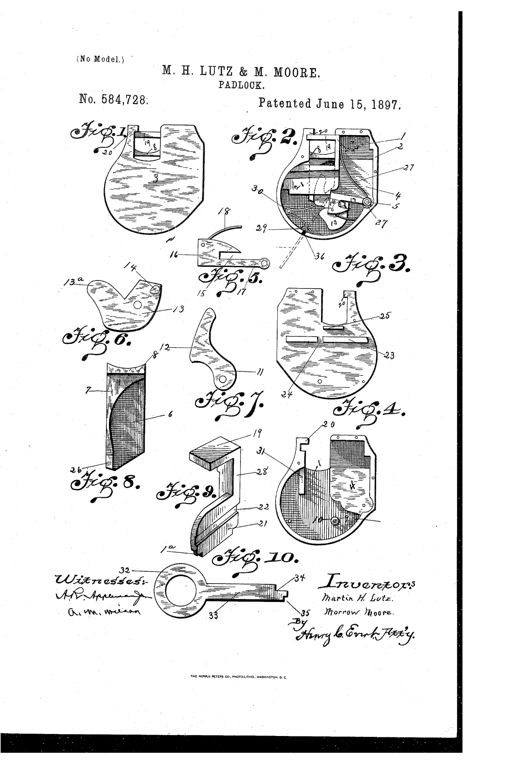 Patent drawing sheet showing ten figures of a padlock design, including exterior side views, internal mechanism with levers, catches, and springs, individual component plates, a locking-bar assembly, and a specially shaped key with cut-away shank.