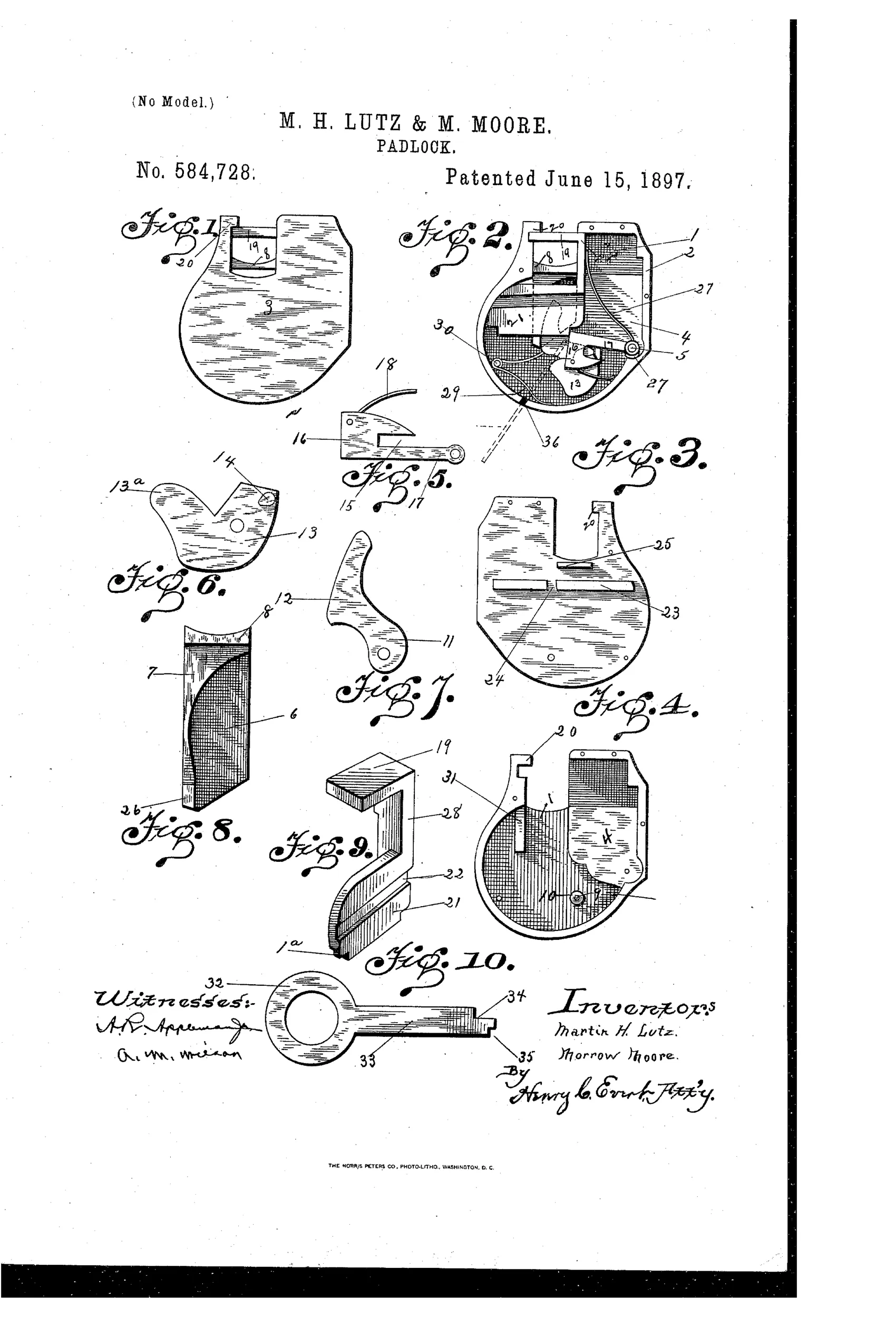 Patent drawing sheet showing ten figures of a padlock design, including exterior side views, internal mechanism with levers, catches, and springs, individual component plates, a locking-bar assembly, and a specially shaped key with cut-away shank.