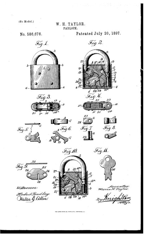 Patent drawing of a padlock showing exterior view, internal bolt-and-tumbler mechanism with numbered parts, cross-sections, individual component details, and the setting key.