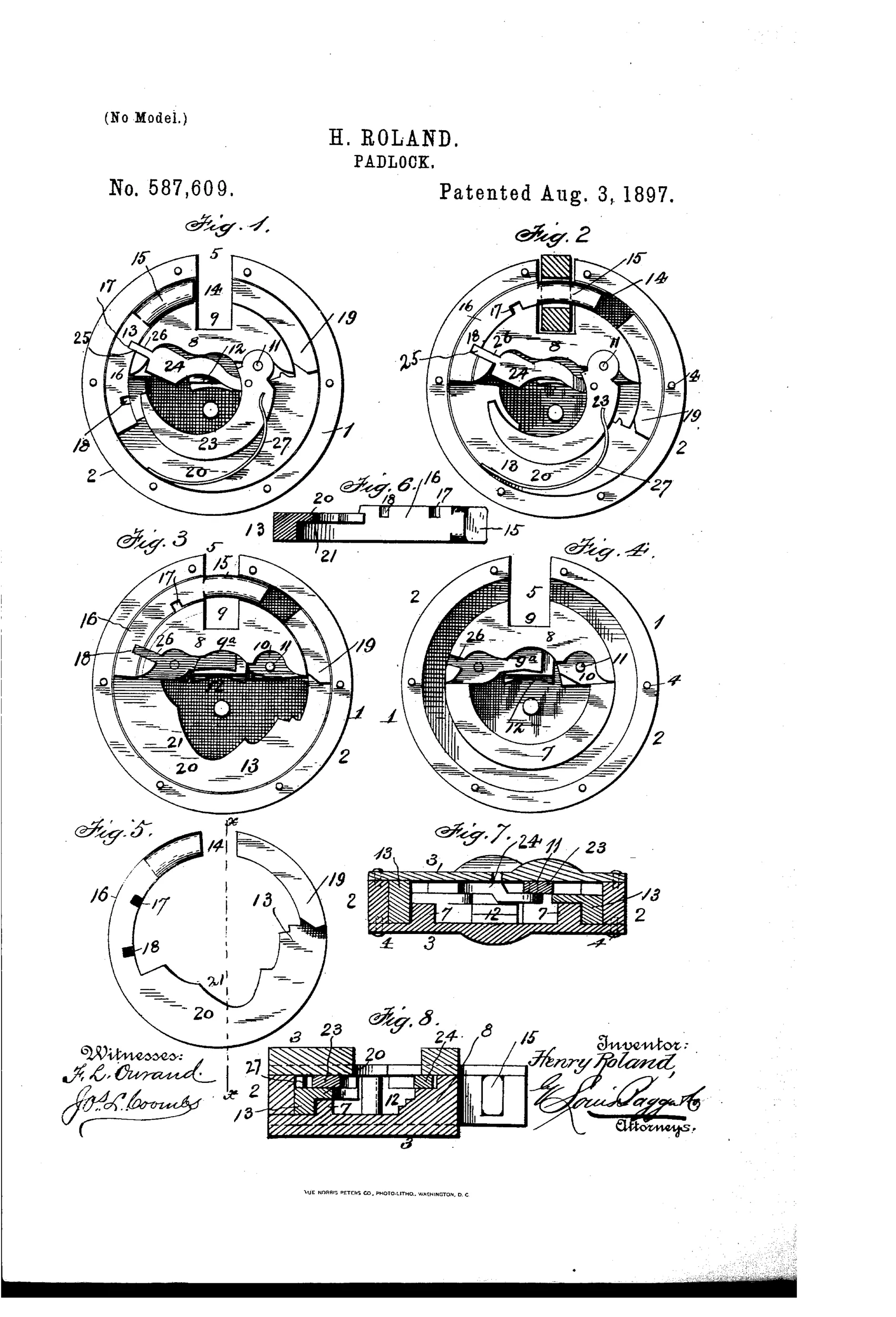 Patent drawing of a circular padlock mechanism showing a rotary bolt, spring tumbler, pivoted dog, and hasp slot, with eight labeled cross-section and elevation figures.