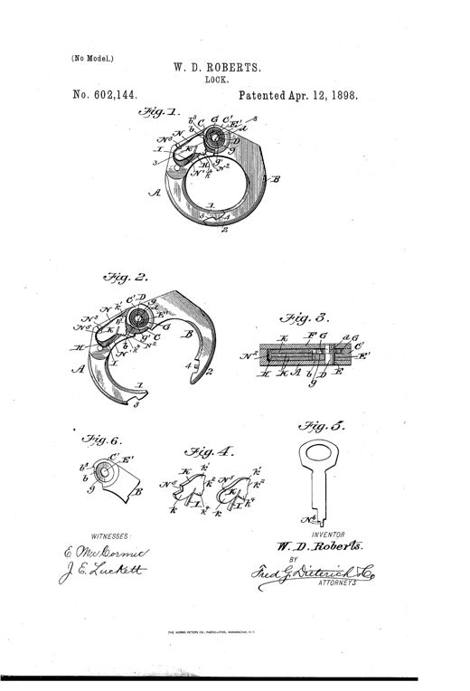 Patent drawing of a round padlock showing two interlocking hinged jaws with internal tumbler mechanism, pivot-bolt, spring, and a flat key with notched wards.