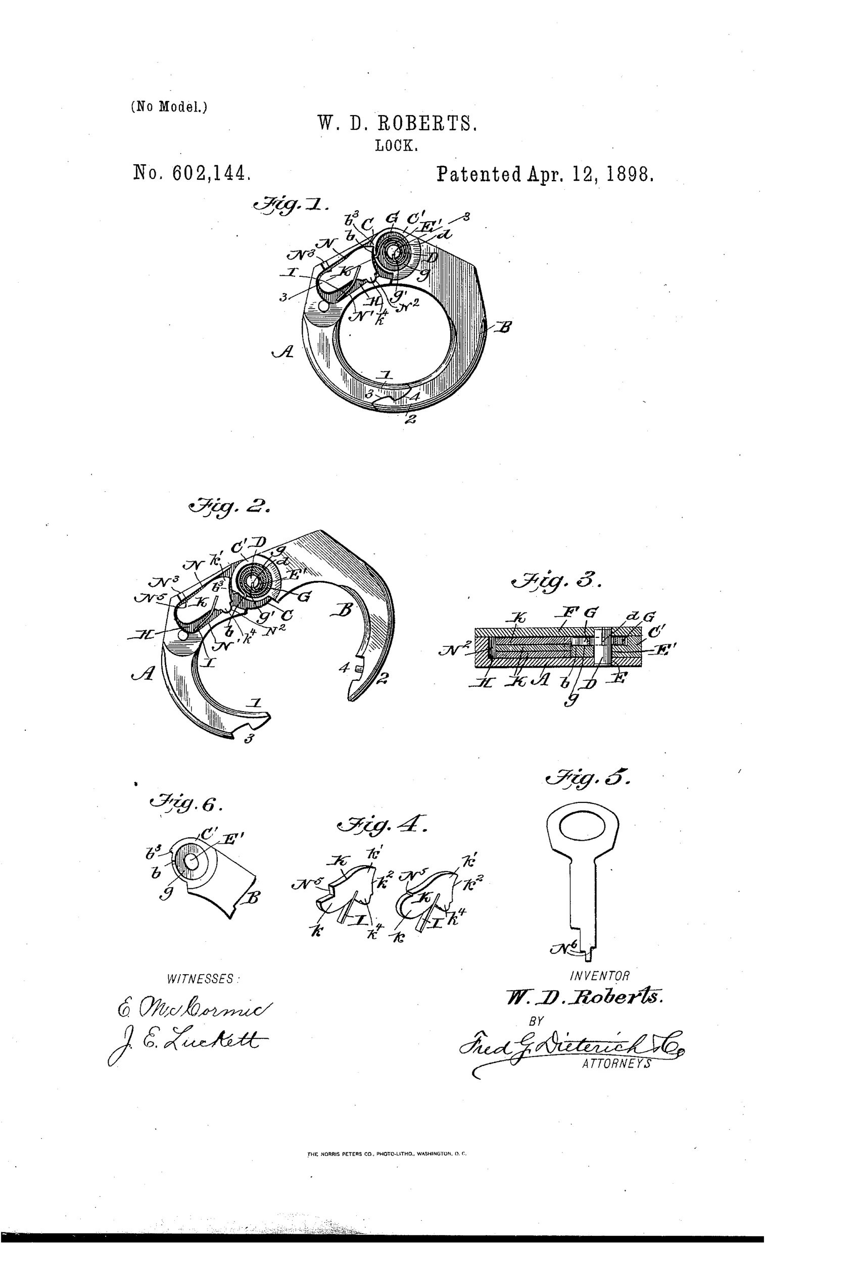 Patent drawing of a round padlock showing two interlocking hinged jaws with internal tumbler mechanism, pivot-bolt, spring, and a flat key with notched wards.