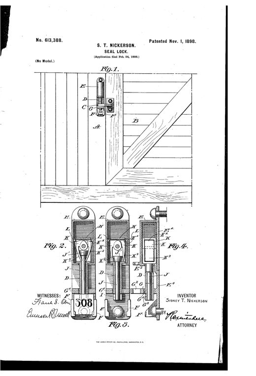 Patent drawing of a railroad freight-car door seal lock showing a side elevation of the door and jamb with the bolt and hasp assembly, plus three cross-sectional views (Figs. 2-4) illustrating the internal tumblers, follower, and frangible seal numbered 308.