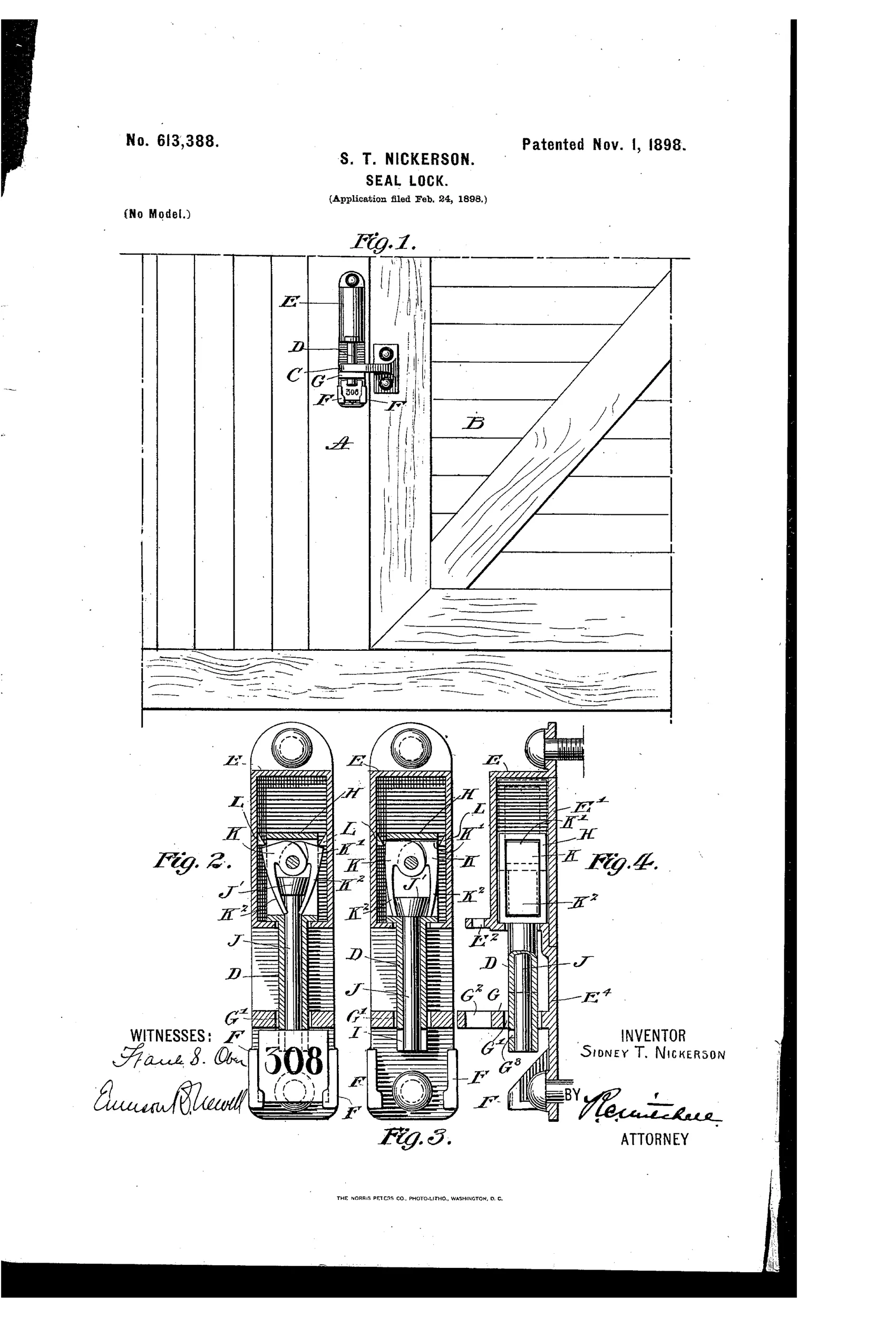 Patent drawing of a railroad freight-car door seal lock showing a side elevation of the door and jamb with the bolt and hasp assembly, plus three cross-sectional views (Figs. 2-4) illustrating the internal tumblers, follower, and frangible seal numbered 308.